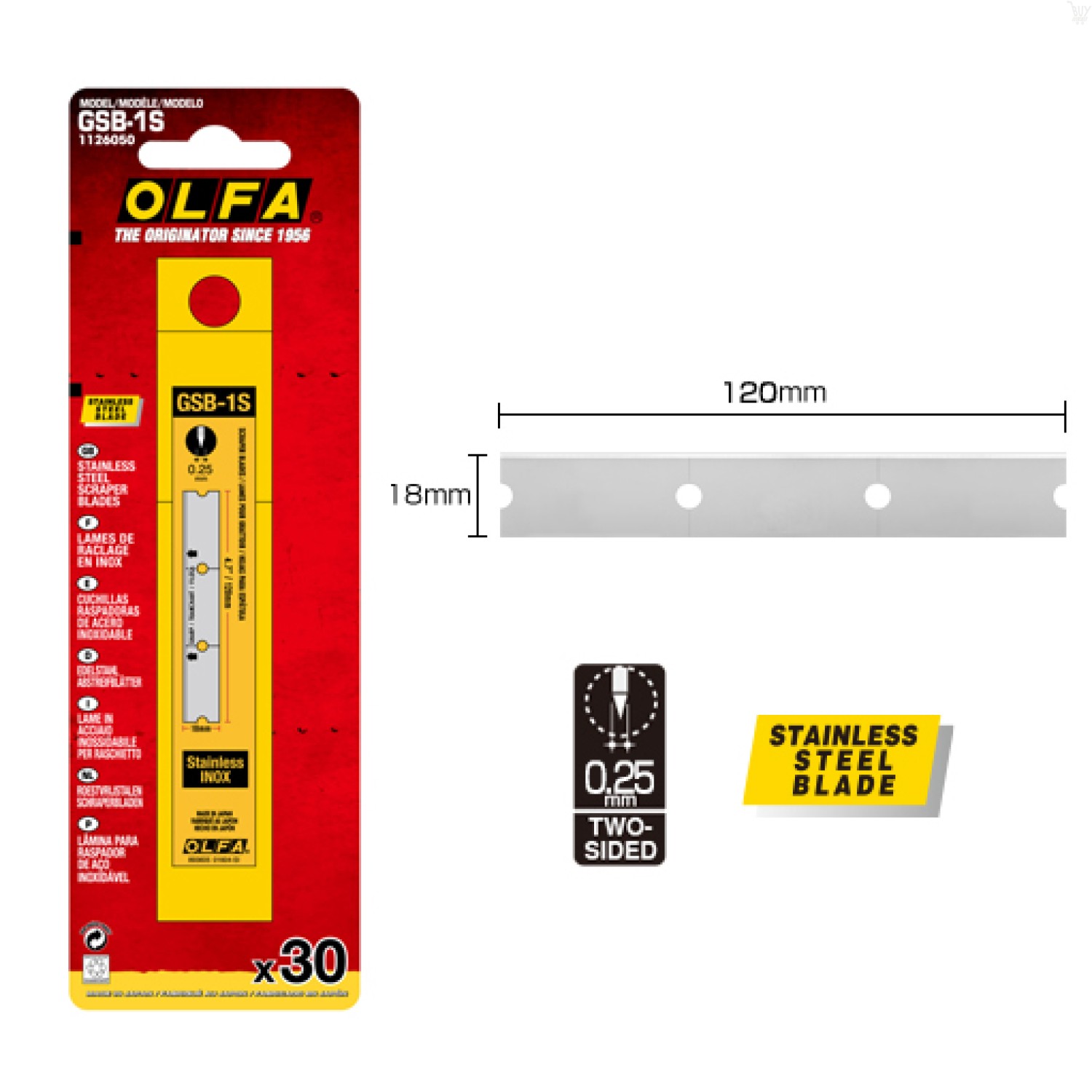 Olfa GSB-1S Stainless Steel Scraper Blades, 30-Pack, Dimensions. 
